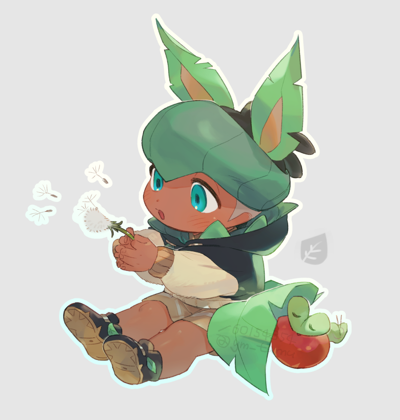 1boy, alternate_color, applin, aqua_eyes, blowing, blush, dandelion, dark-skinned_male