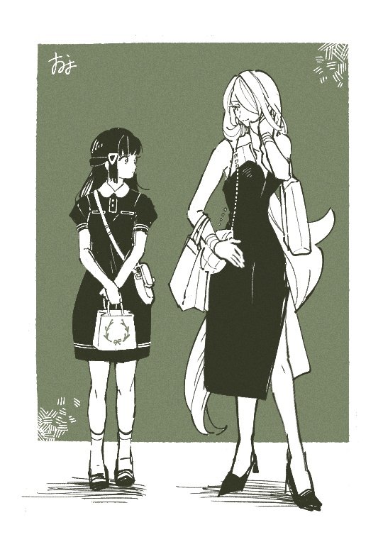 2girls, alternate_costume, bag, bangs, black_dress, black_hair, buttons, closed_mouth, collared_dress, commentary_request, cynthia_(pokemon), hikari_(pokemon), dress, hair_ornament, hair_over_one_eye, hairclip, hand_up, handbag, high_heels, holding, holding_bag, knees, long_hair, looking_to_the_side, multiple_girls, omyo_(myomyomyo22), pokemon, pokemon_(game), pokemon_dppt, shoes, short_sleeves, shoulder_bag, smile, socks, standing, very_long_hair