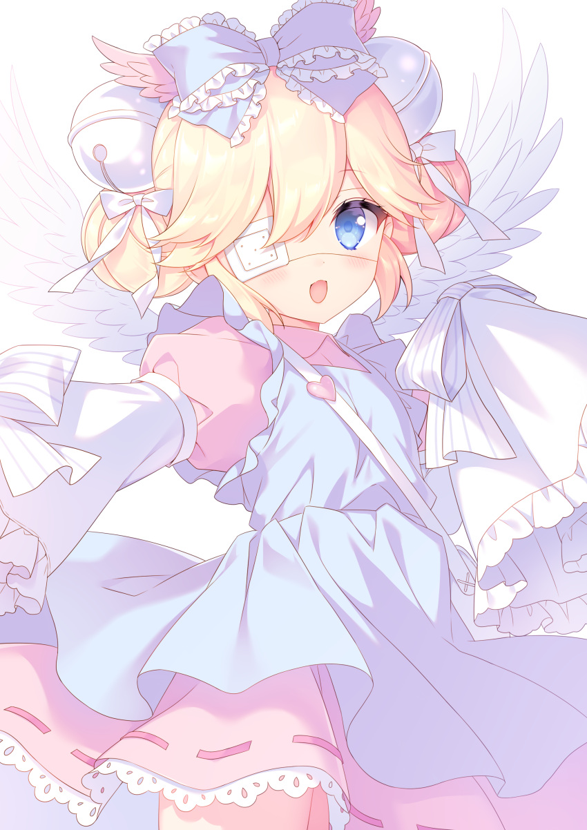 1girl, :d, absurdres, apron, bangs, bell, blonde_hair, blue_apron