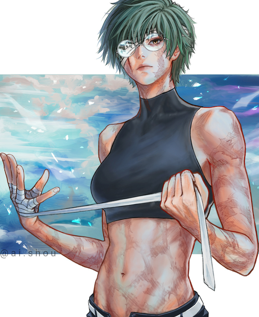 1girl, absurdres, ai_shou, bandages, burn_scar, green_hair, highres, jujutsu_kaisen, lips, looking_at_viewer, muscular, muscular_female, one_eye_covered, scar, scar_across_eye, sleeveless, sleeveless_turtleneck, spoilers, stomach, turtleneck, yellow_eyes, zen'in_maki