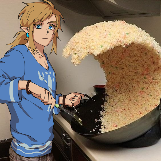 1boy, angssi, blonde_hair, blue_eyes, blue_shirt, collarbone, cooking, earrings, jewelry, link, looking_at_viewer, male_focus, photo_background, pointy_ears, rice_wave, shirt, solo, the_legend_of_zelda, the_legend_of_zelda:_breath_of_the_wild, tied_hair, wok