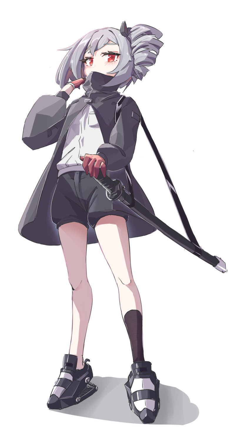 1girl, absurdres, bangs, black_cat, black_legwear, black_shorts, bronya_zaychik, bronya_zaychik_(black_nucleus)
