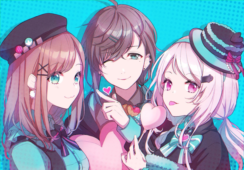 1boy, 2girls, bangs, beret, black_headwear, black_hoodie, black_shirt, blue_eyes