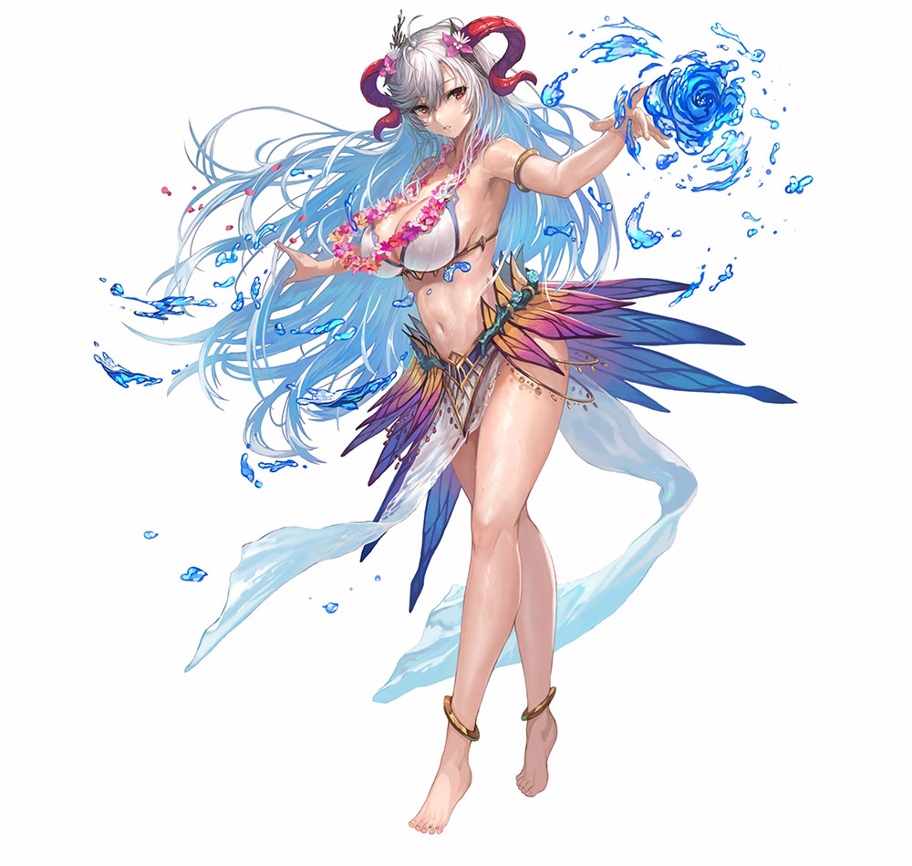 1girl, ahoge, anklet, armlet, barefoot, bikini, breasts, commentary_request