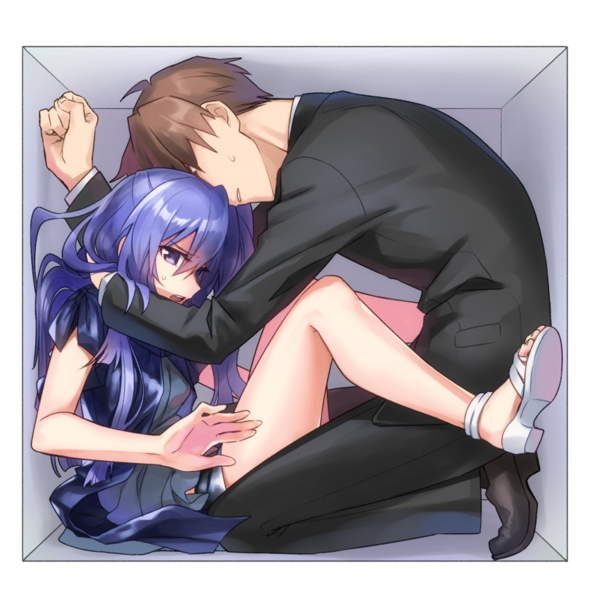 1boy, 1girl, bare_legs, black_suit, blue_hair, box, brown_hair, commentary_request