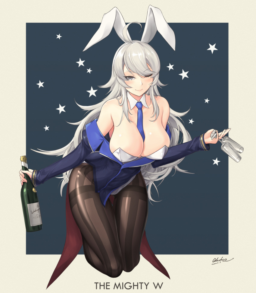 1girl, adapted_costume, animal_ears, between_breasts, black_legwear, blue_neckwear, bottle, breasts