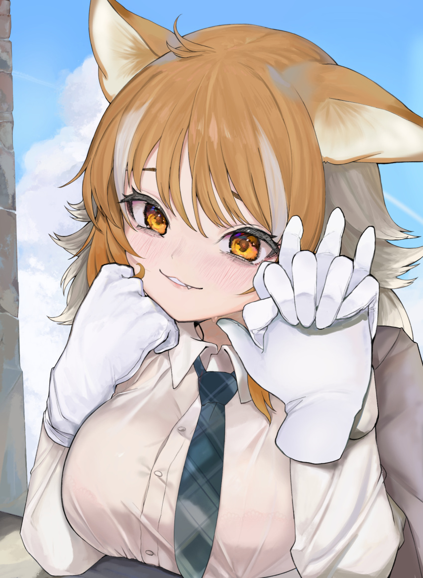 alternate_costume, blue_neckwear, blush, collared_shirt, disembodied_limb, dnsdltkfkd, eyebrows_visible_through_hair, fang