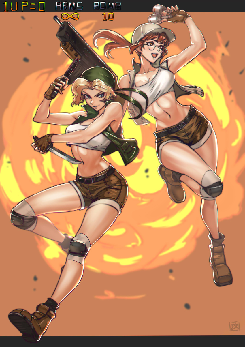 2girls, absurdres, bandana, baseball_cap, black_legwear, blonde_hair, blue_eyes, boots