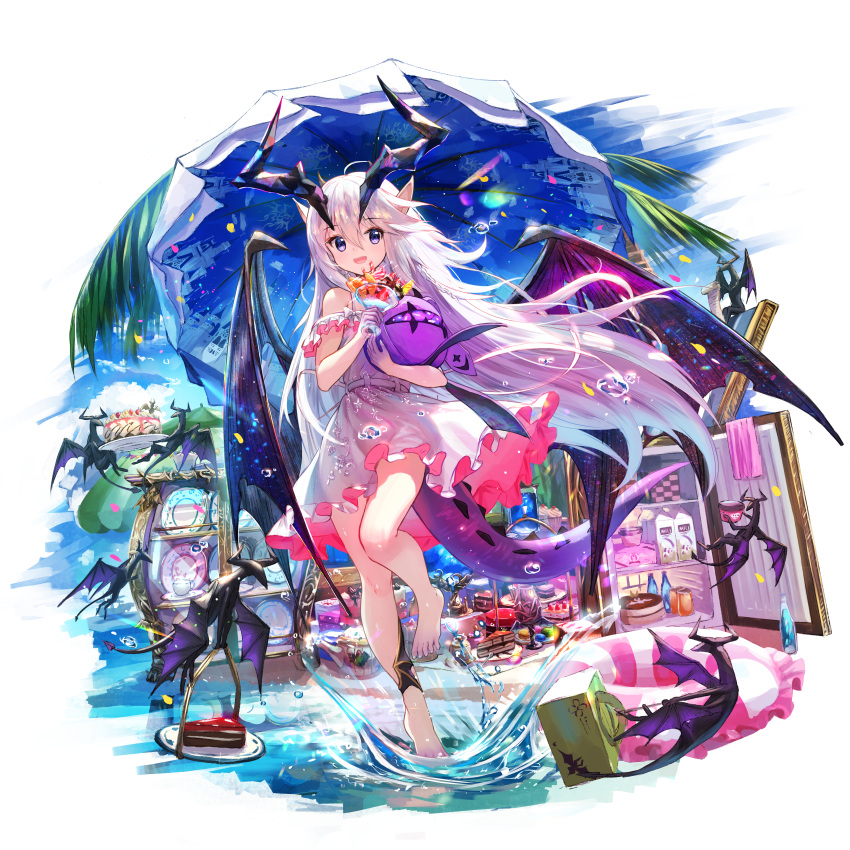 1girl, :d, absurdres, bangs, bare_legs, barefoot, beach_umbrella, cake