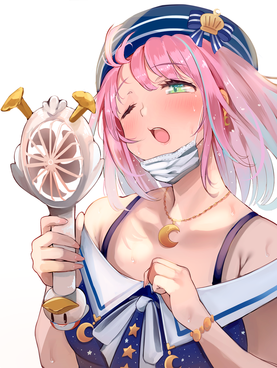 1girl, aonaga_heri, armpit_crease, beret, bracelet, crescent_moon, electric_fan, green_eyes, hat, himemori_luna, hololive, jewelry, mask, moon, mouth_mask, necklace, one_eye_closed, open_mouth, pink_hair, short_hair, simple_background, solo, subaru_duck, surgical_mask, sweat, upper_body, white_background