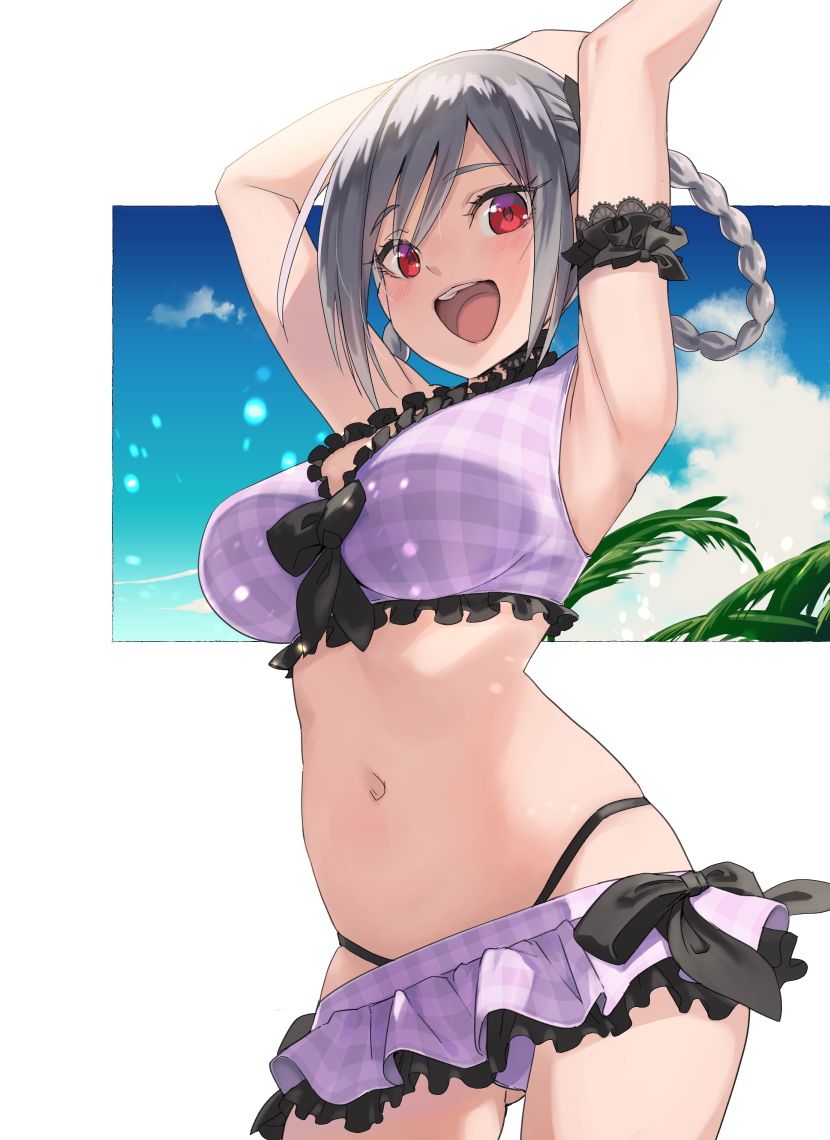 1girl, :d, arm_garter, armpits, arms_up, ass_visible_through_thighs, bangs, bikini