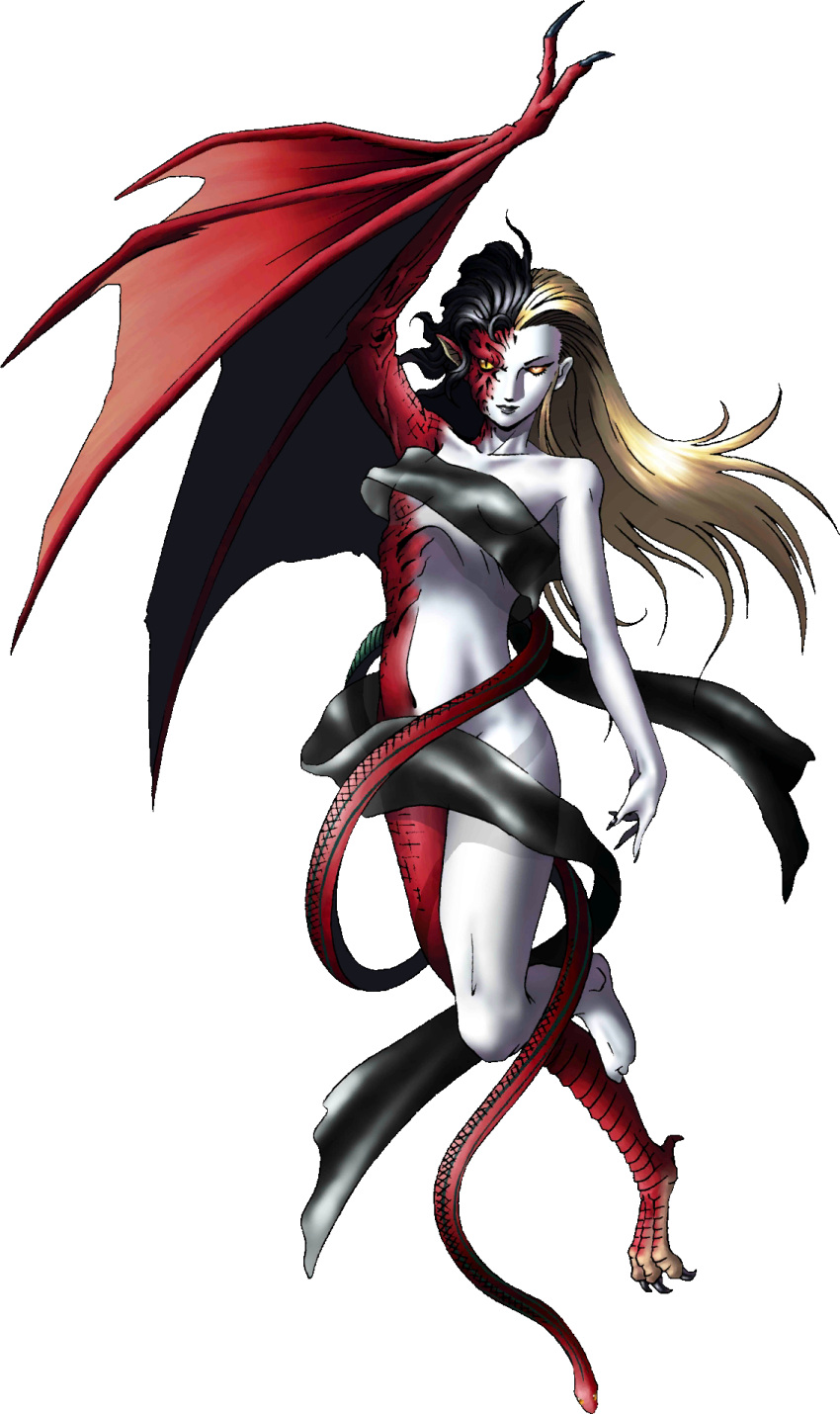 1girl, asymmetrical_arms, asymmetrical_ears, barefoot, black_hair, blonde_hair, breasts, claws