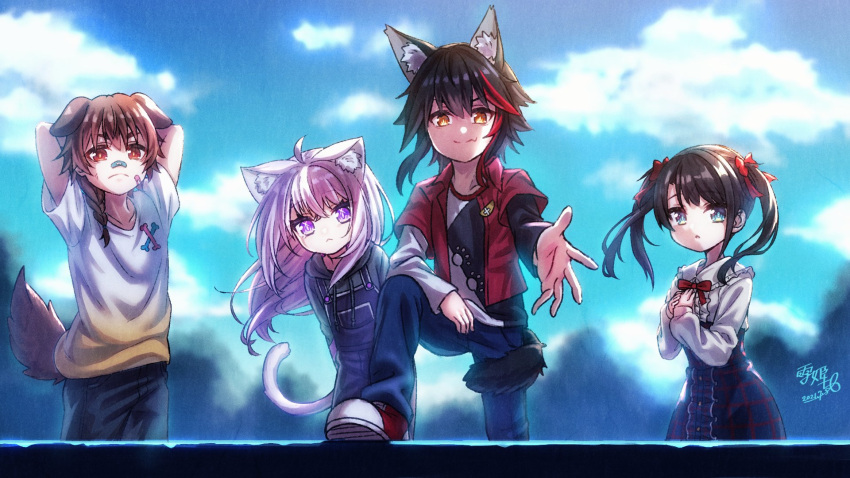 2boys, 2girls, animal_ears, beckoning, blue_sky, calzooone, cat_ears, cat_girl