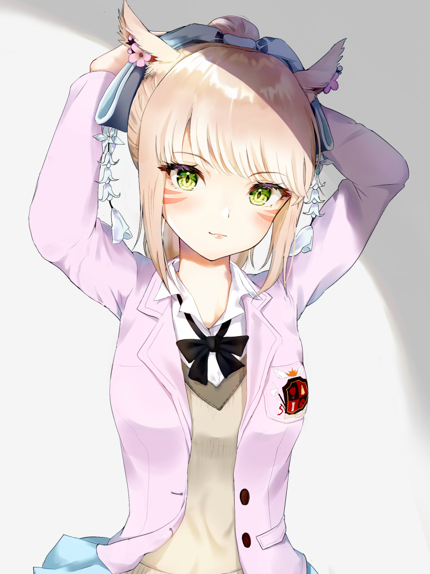 1girl, absurdres, animal_ears, arms_behind_head, bangs, black_neckwear, blonde_hair, blue_skirt