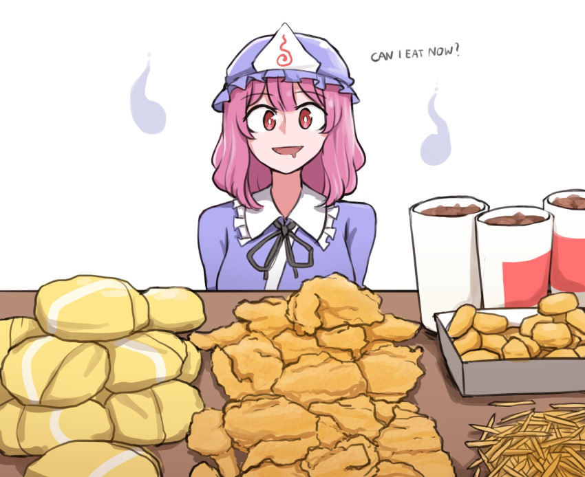 1girl, black_bow, black_ribbon, bow, burger, chicken_nuggets, cola, collar, cup, drooling, english_commentary, english_text, food, french_fries, frills, hat, highres, hitodama, mata_(matasoup), medium_hair, mob_cap, mug, mukbang, neck_ribbon, open_mouth, pink_eyes, pink_hair, ribbon, saigyouji_yuyuko, solo, touhou, triangular_headpiece, wavy_hair