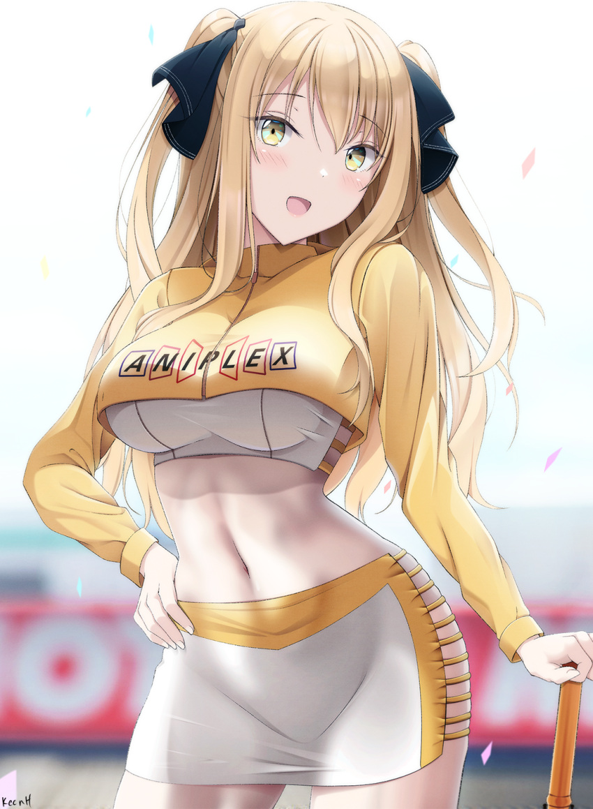 1girl, aniplex, ao_no_kanata_no_four_rhythm, artist_name, bangs, black_ribbon, blonde_hair, blurry