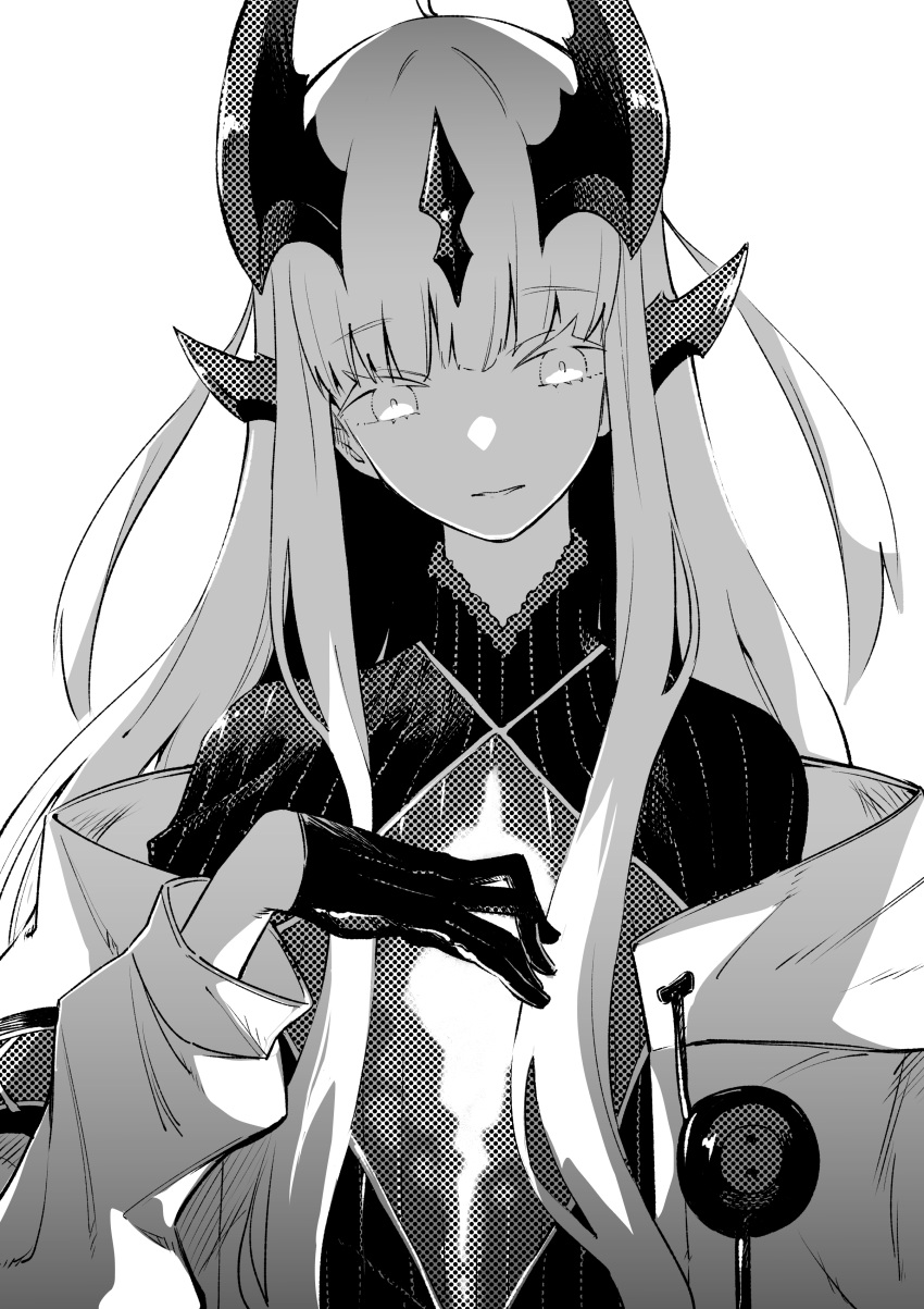 1girl, absurdres, arknights, bangs, dragon_horns, eyebrows_visible_through_hair, gloves, greyscale