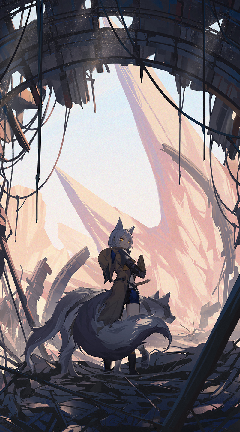 1girl, animal_ears, animal_hood, arknights, black_footwear, blue_shorts, boots, brown_coat, chinese_commentary, closed_mouth, coat, commentary_request, day, from_behind, full_body, gun, highres, holding, holding_gun, holding_weapon, hood, hood_down, hooded_coat, knee_boots, large_tail, looking_at_viewer, looking_back, nian, official_alternate_costume, outdoors, provence_(arknights), provence_(wasteland_walker)_(arknights), rock, ruins, short_hair, short_shorts, shorts, silver_hair, solo, standing, sunlight, tail, weapon, wolf, wolf_ears, wolf_girl, wolf_tail, yellow_eyes