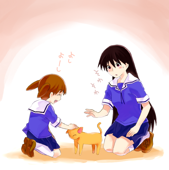 azumanga_daiou, black_eyes, black_hair, brown_hair, cat, closed_eyes, kneeling, long_hair