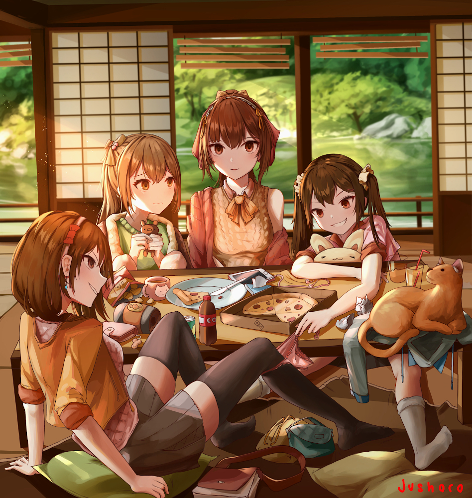 4girls, architecture, arm_support, artist_name, assisted_exposure, bag, black_legwear, blurry