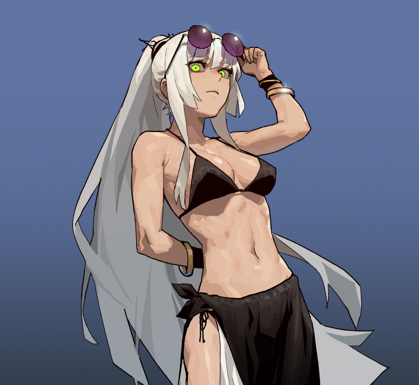 1girl, bangs, bare_shoulders, bikini, bikini_top, black_bikini, blue_background, bracelet