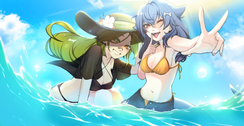 2girls, bangs, bikini, bikini_top, breasts, english_commentary, fish_tail, flower