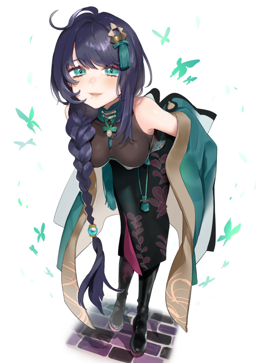 1girl, bangs, bent_over, black_footwear, black_hair, black_skirt, bodystocking, boots