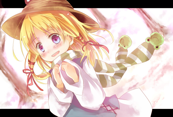 blue_eyes, blush, e-kiasanyagi, hat, moriya_suwako, scarf, touhou