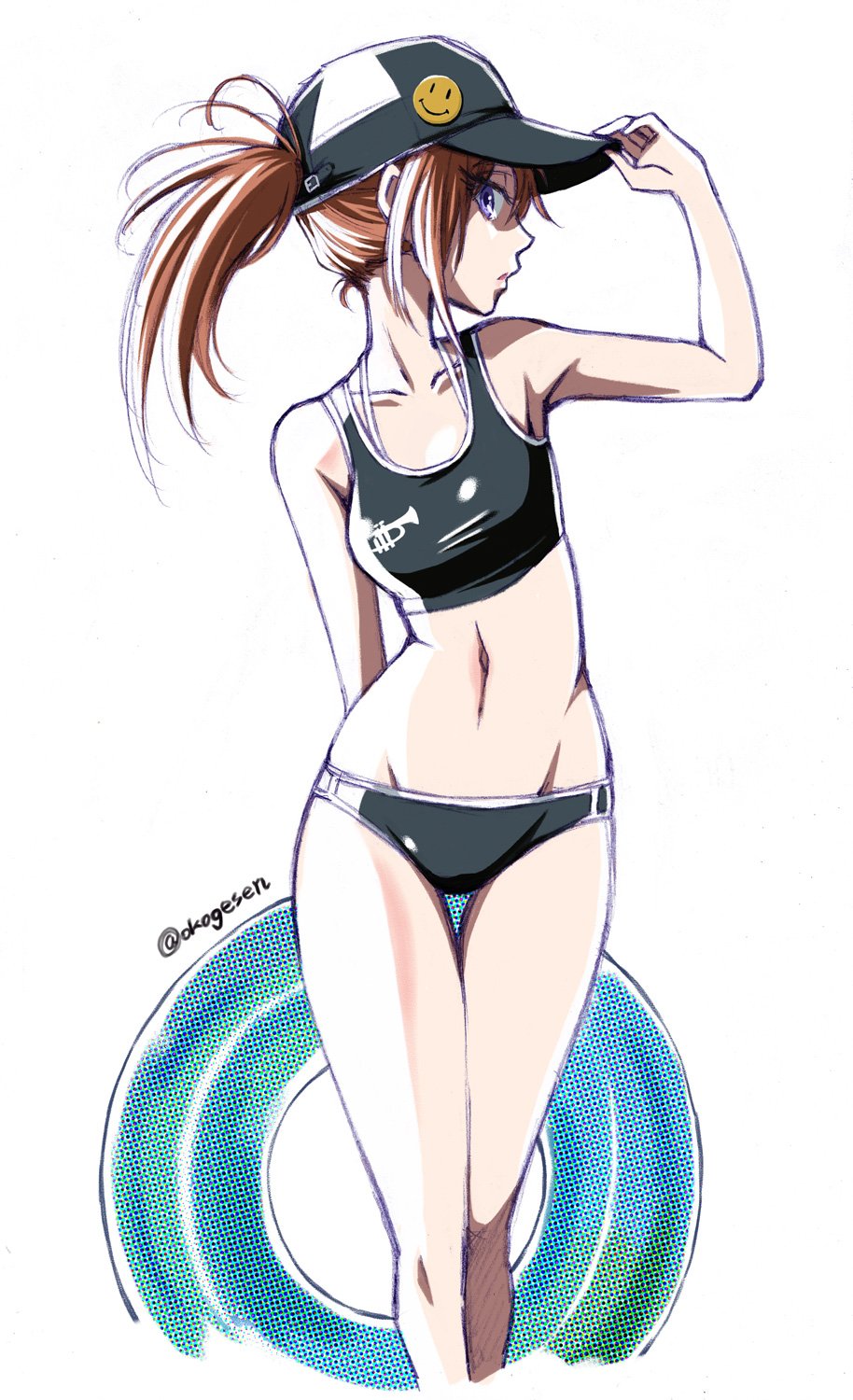 1girl, adjusting_clothes, adjusting_headwear, bangs, baseball_cap, bikini, black_bikini, black_headwear