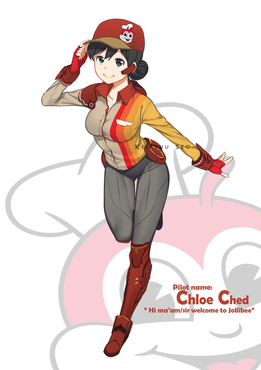 1girl, absurdres, artist_name, baseball_cap, black_eyes, black_pants, boots, breasts
