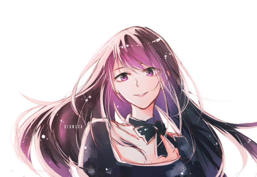 1girl, artist_name, black_neckwear, highres, long_hair, looking_at_viewer, medea_solon, purple_hair