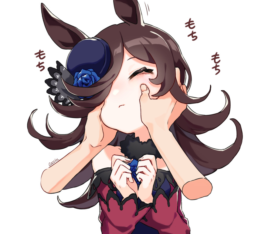 1girl, ^_^, animal_ears, bare_shoulders, black_hair, black_ribbon, blue_flower, blue_headwear