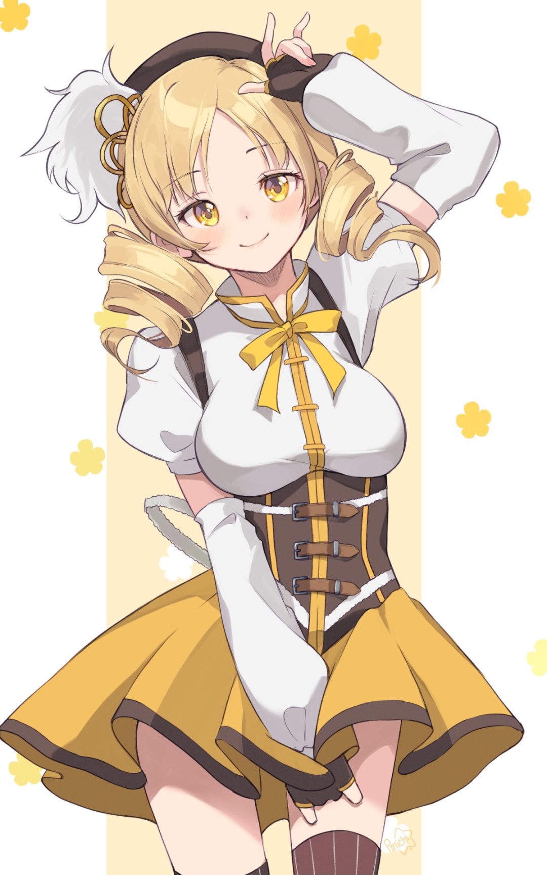 1girl, blush, border, breasts, brown_gloves, corset, detached_sleeves, drill_hair, fingerless_gloves, gloves, hand_in_hair, hat, highres, juliet_sleeves, large_breasts, leaning_to_the_side, long_sleeves, looking_at_viewer, mahou_shoujo_madoka_magica, peachy_michi, puffy_sleeves, ribbon, skirt, skirt_tug, smile, solo, thighs, tomoe_mami, twin_drills, white_border, yellow_background, yellow_eyes, yellow_ribbon, yellow_skirt