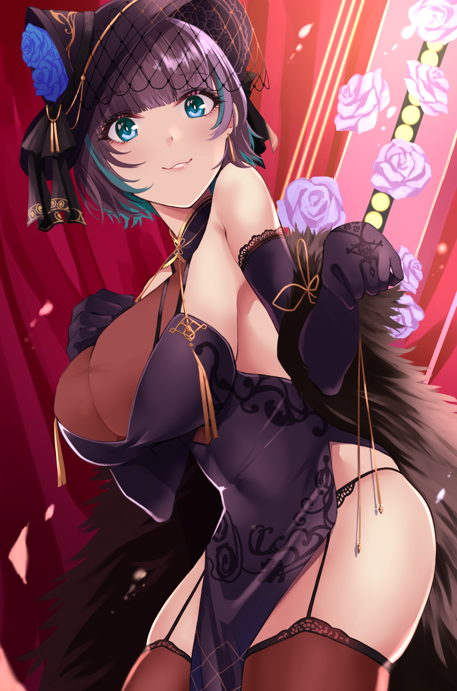 1girl, azur_lane, black_legwear, blue_eyes, breasts, cheshire_(azur_lane), cheshire_(cait_sith_crooner)_(azur_lane), china_dress