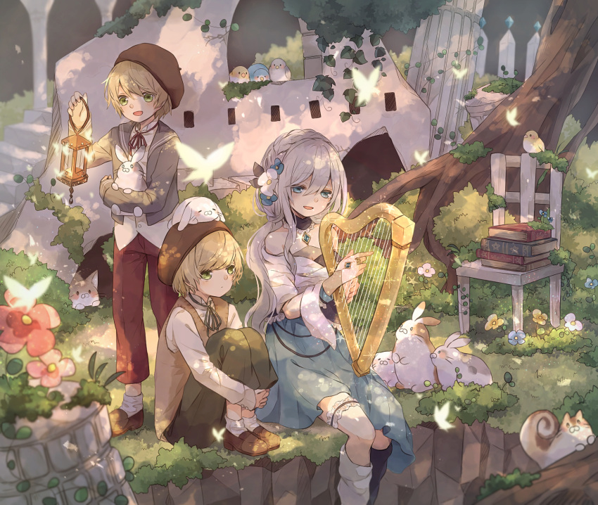 1girl, 2boys, animal_on_head, ankle_socks, arm_up, beret, bird, black_choker