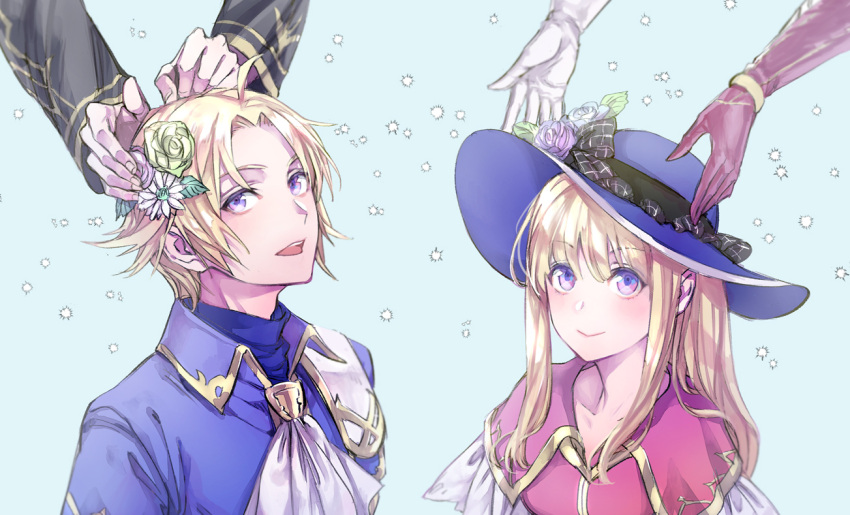 2boys, 2girls, bangs, blonde_hair, blue_background, clarine_(fire_emblem), collarbone, eyebrows_visible_through_hair, fire_emblem, fire_emblem:_the_binding_blade, fire_emblem:_the_blazing_blade, fire_emblem_heroes, flower, gloves, hair_between_eyes, hair_flower, hair_ornament, hat, klein_(fire_emblem), long_hair, long_sleeves, louise_(fire_emblem), multiple_boys, multiple_girls, parent_and_child, pent_(fire_emblem), short_hair, siblings, smile, t_misaomaru, violet_eyes