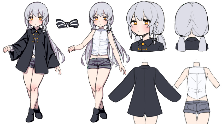 1boy, absurdres, braid, character_sheet, full_body, highres, long_hair, otoko_no_ko, short_shorts, shorts, silver_hair, simple_background, single_braid, solo, tongkkangi, tongkkangi_(streamer), twintails, twitch.tv, white_background, yellow_eyes