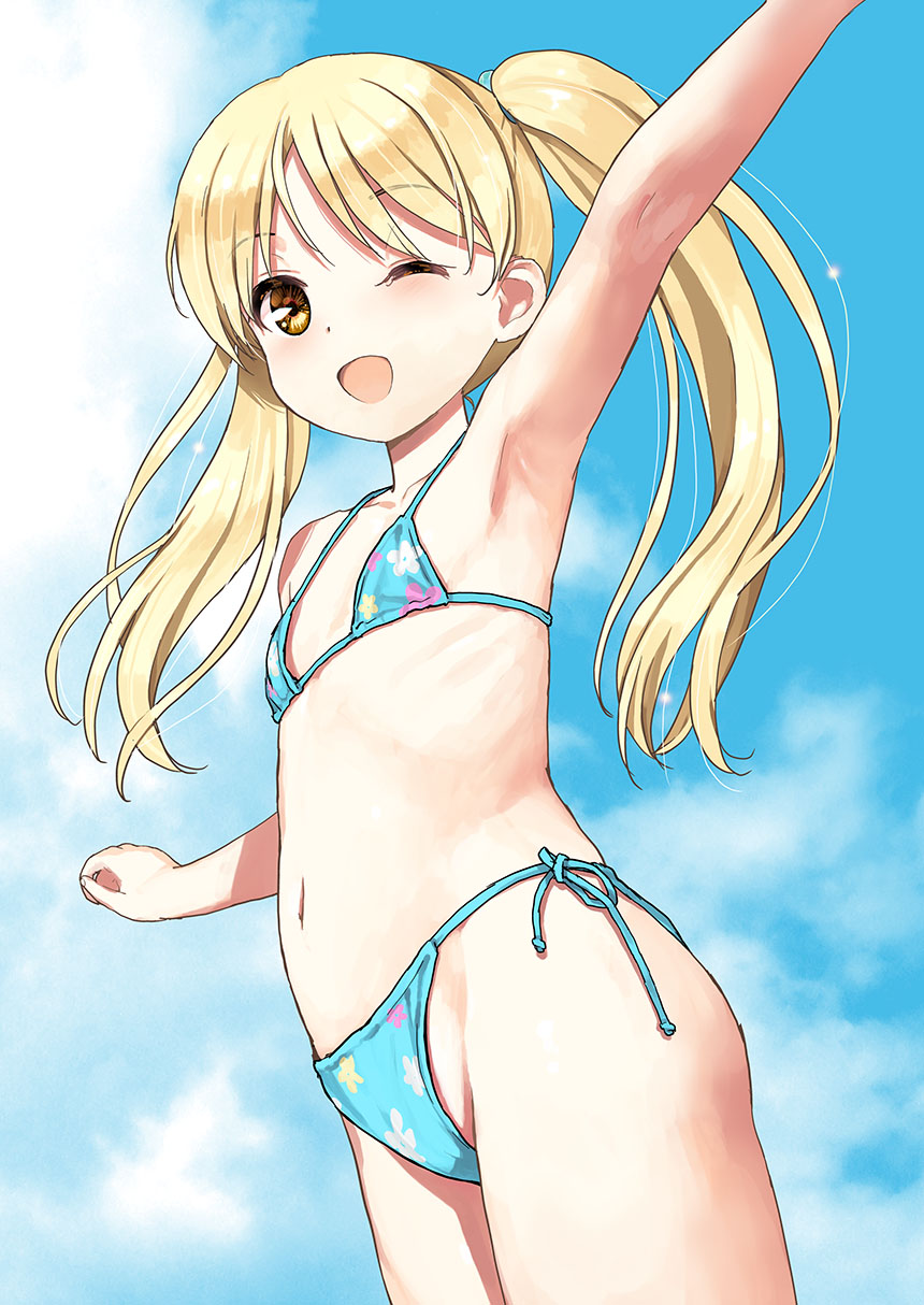 1girl, arm_up, armpits, bare_arms, bare_legs, bare_shoulders, bikini, bikini_day