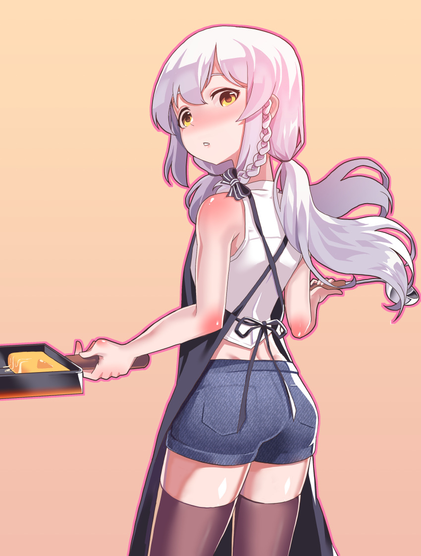 1boy, absurdres, ass, blush, braid, brown_legwear, denim, denim_shorts