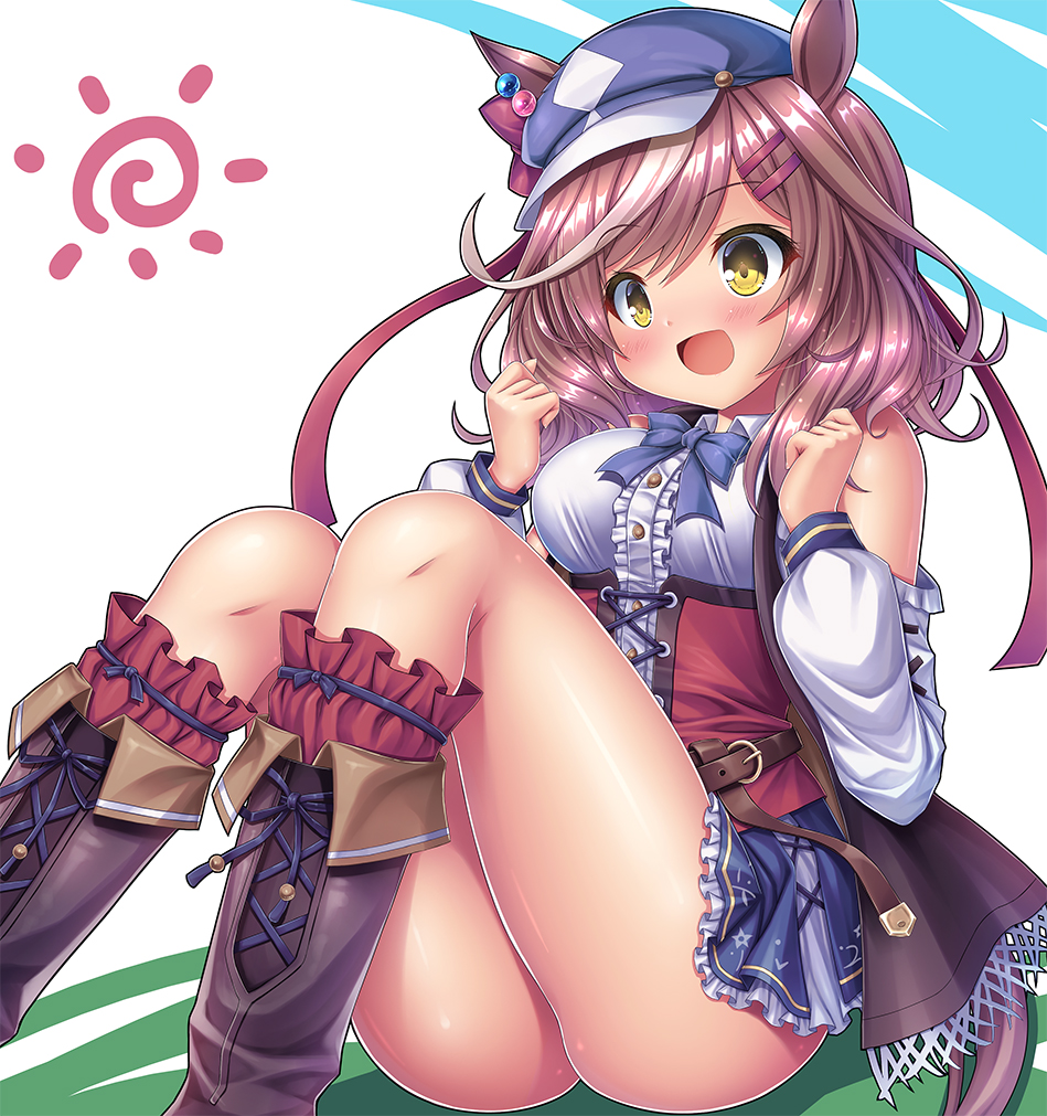 1girl, animal_ears, boots, breasts, brown_hair, commentary_request, hair_ornament, hairclip, hat, horse_ears, horse_girl, horse_tail, looking_at_viewer, matikane_tannhauser, medium_breasts, medium_hair, simple_background, sitting, solo, tail, takeponi, thighs, umamusume, yellow_eyes
