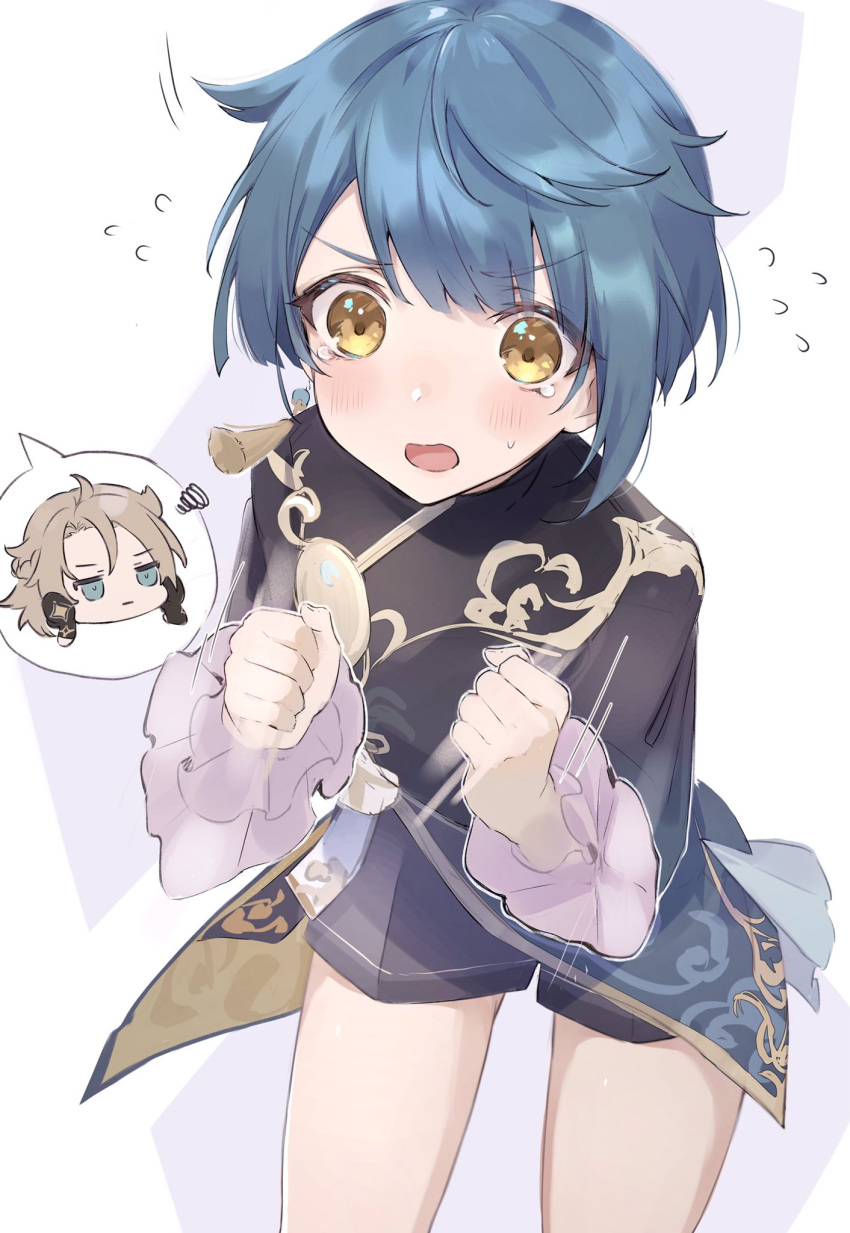 2boys, albedo_(genshin_impact), bangs, black_shorts, blue_eyes, blue_hair, blush, clenched_hands