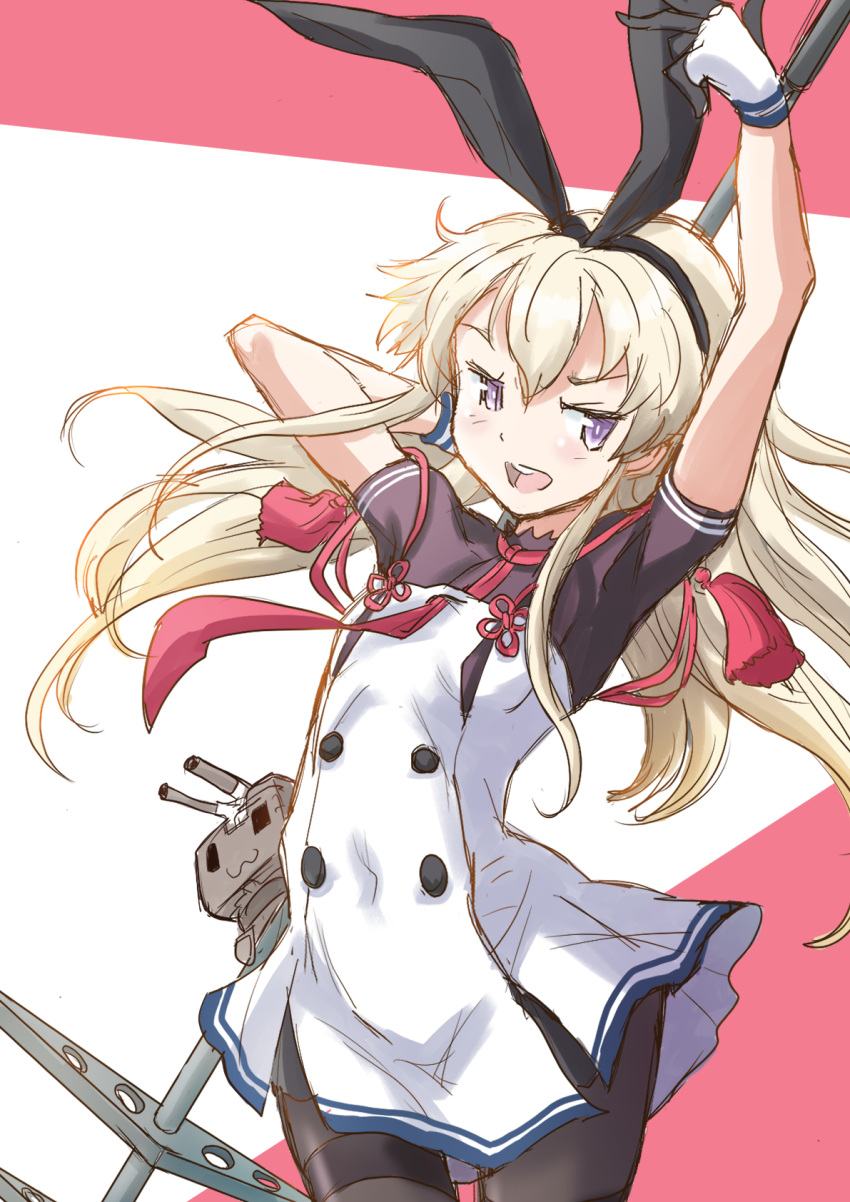1girl, arms_up, black_hairband, black_legwear, blonde_hair, breasts, commentary_request, cosplay
