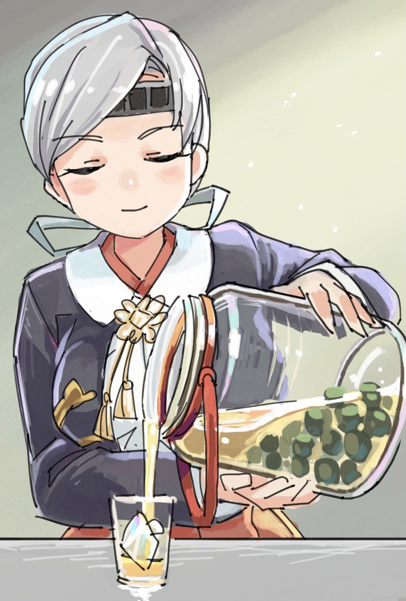 1girl, blouse, blue_jacket, chitose_(kancolle), closed_eyes, commentary_request, grey_hair, hair_ribbon