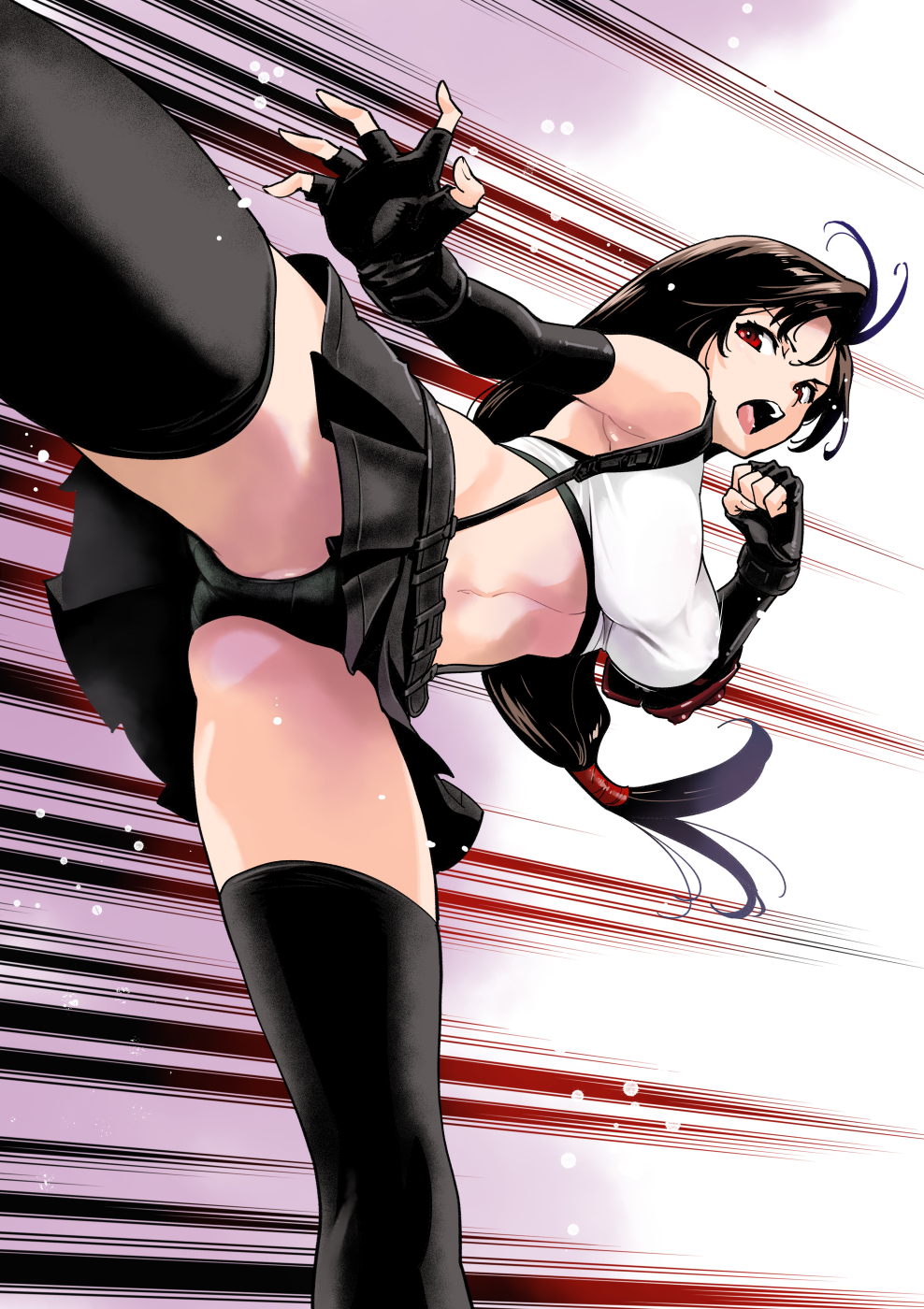 1girl, armpits, bangs, belt, black_hair, breasts, elbow_gloves, final_fantasy