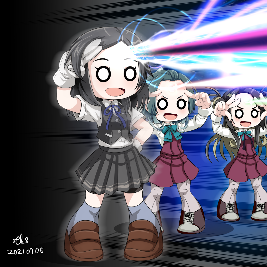 3girls, ahoge, aqua_bow, artist_name, beam, bike_shorts, black_hair, black_legwear, black_skirt, black_vest, bow, brown_footwear, chibi, collared_shirt, commentary_request, dated, double_bun, dress, forehead, forehead_beam, full_body, gloves, green_hair, grey_legwear, hair_ornament, hairclip, kantai_collection, kneehighs, kuroshio_(kancolle), loafers, long_hair, long_sleeves, makinami_(kancolle), multiple_girls, o_o, open_mouth, pantyhose, pleated_skirt, polka_dot, polka_dot_ribbon, purple_dress, ribbon, school_uniform, shirt, shoes, short_hair, short_sleeves, shorts, shorts_under_skirt, signature, skirt, smile, solid_circle_eyes, standing, suzunami_(kancolle), taiyouken, tk8d32, vest, white_gloves, white_shirt