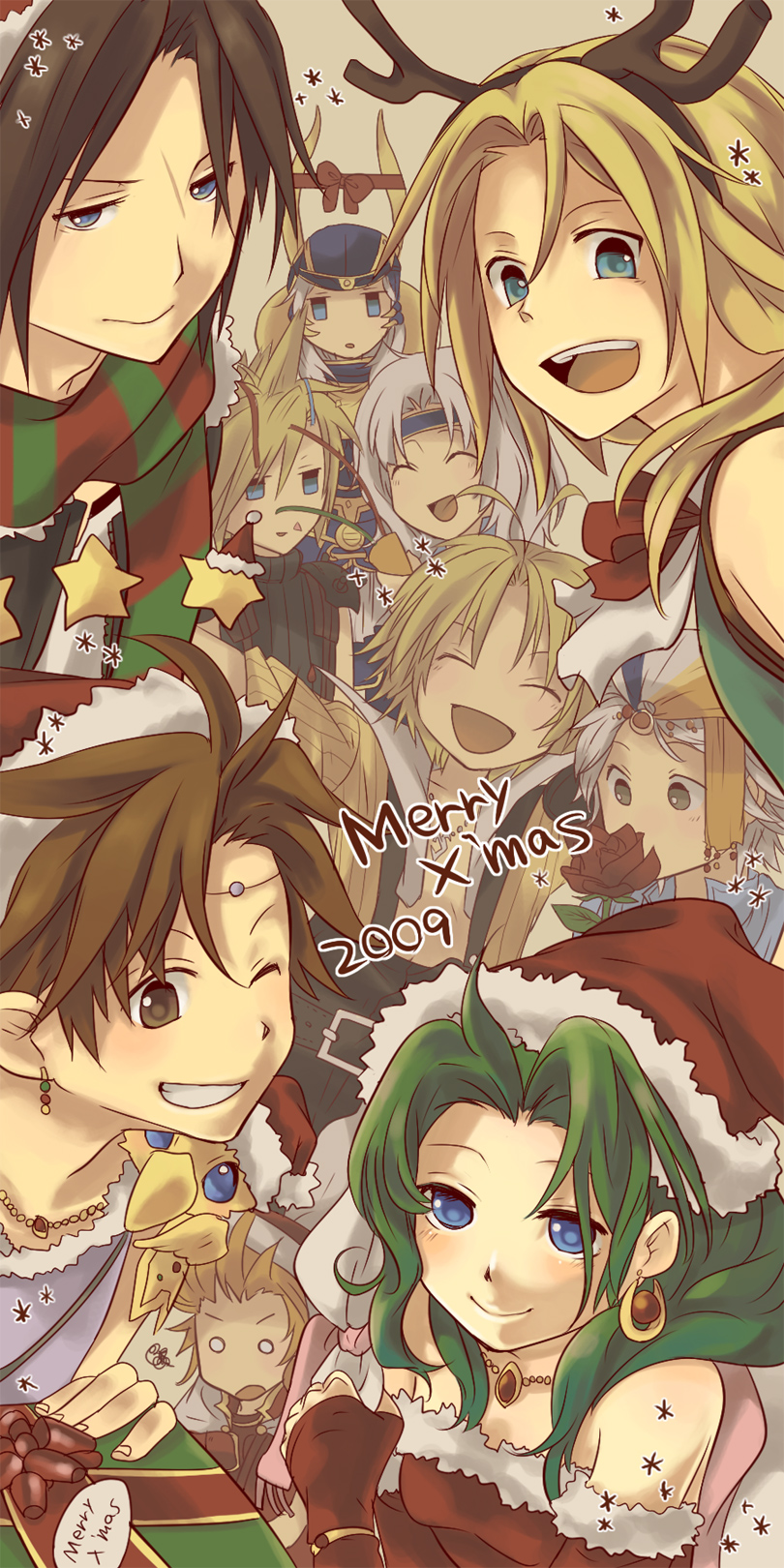 armor, bandana, bare_shoulders, blonde_hair, blue_eyes, bow, brown_eyes, brown_hair