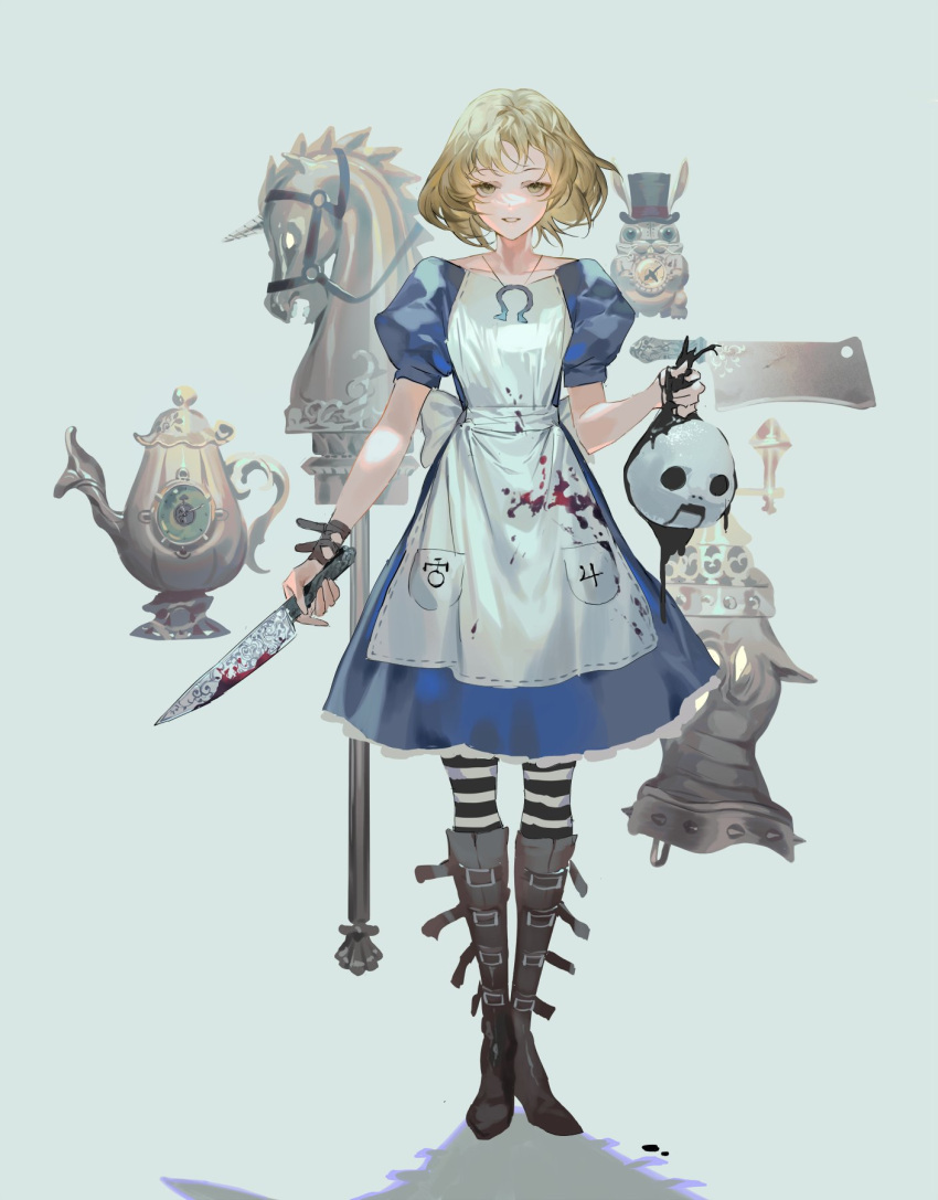 1girl, alice_(alice_in_wonderland), alice_(alice_in_wonderland)_(cosplay), alice_margatroid, apron, blonde_hair, blood, bloody_clothes