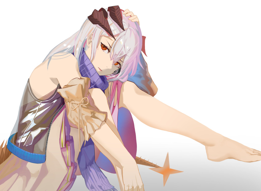 1girl, 4hnyu, arknights, bangs, bare_legs, barefoot, closed_mouth, commentary, detached_sleeves, dragon_horns, dragon_tail, english_commentary, feet, from_side, full_body, grey_background, hair_between_eyes, hand_on_head, highres, horns, long_hair, looking_at_viewer, orange_eyes, purple_sweater, saria_(arknights), see-through, serious, silver_hair, sitting, sleeveless_sweater, solo, sweater, tail, turtleneck, turtleneck_sweater