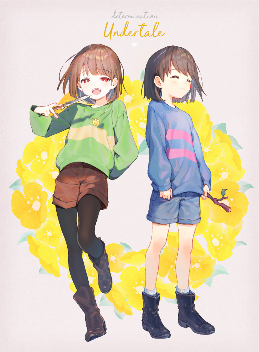 2others, :d, androgynous, black_footwear, blue_shorts, bob_cut, boots, brown_footwear, brown_shorts, chara_(undertale), closed_mouth, copyright_name, eyebrows_visible_through_hair, floral_background, frisk_(undertale), full_body, heart_pendant, highres, holding, holding_knife, holding_stick, knife, legwear_under_shorts, long_sleeves, multiple_others, open_mouth, pantyhose, red_eyes, shirakino, short_hair, shorts, smile, stick, sweater, undertale