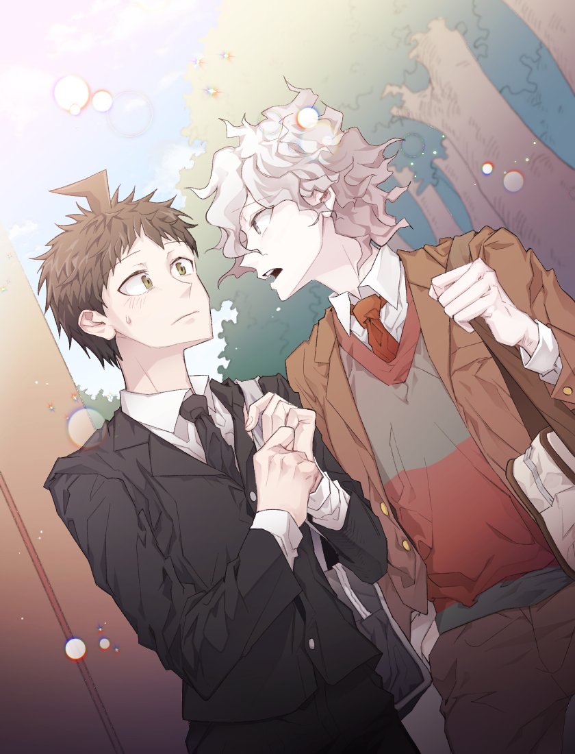 2boys, ahoge, bambi_(bam7752), black_jacket, black_neckwear, black_pants, brown_eyes, brown_hair, brown_jacket, brown_pants, collared_shirt, dangan_ronpa_(series), dangan_ronpa_3_(anime), day, dutch_angle, eye_contact, formal, green_vest, grey_hair, hands_up, hinata_hajime, hope's_peak_academy_school_uniform, jacket, komaeda_nagito, long_sleeves, looking_at_another, male_focus, multiple_boys, necktie, open_mouth, own_hands_together, pants, red_neckwear, red_vest, school_uniform, shirt, short_hair, tree, upper_teeth, vest, white_hair